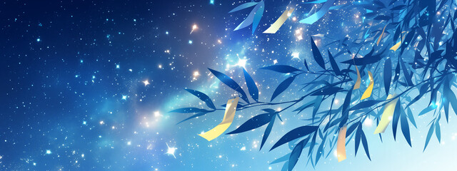 Heavenly Bamboo Leaves with Starry Sky Illustration - 天の笹の葉と星空のイラスト