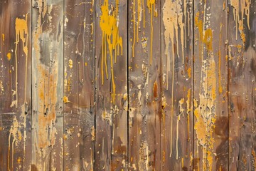 Weathered wood planks with peeling paint in brown and vibrant yellow, creating a rustic, vintage background perfect for nature-themed projects