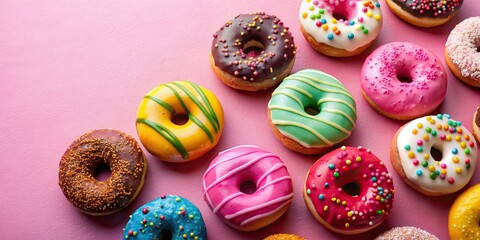 Colorful donuts of various flavors on a bright pink background, donuts, colorful, vibrant, sweet, dessert, bakery, sugar