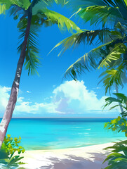 Tropical Paradise Beach with Palm Trees and Blue Sky - Seaside Palm Tree Landscape for Vacation Relaxation and Summer Escape - ヤシの木と青い空のあるトロピカルパラダイスビーチ - 休暇のリラクゼーションと避暑のための海辺のヤシの木の風景