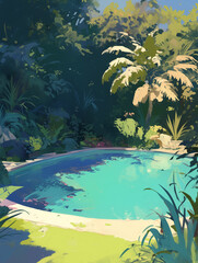 Serene and Vibrant: Fantasy Landscape with Glowing Pool of Water - 穏やかで活気に満ちた: 輝く水のプールのあるファンタジーの風景