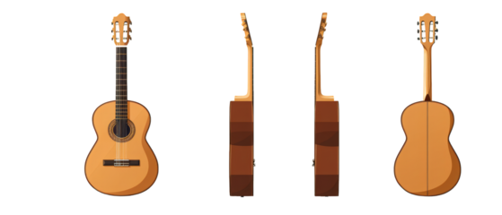 Four views of a wooden acoustic guitar.
