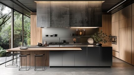 Common materials used in minimalist kitchens include stainless steel, wood, concrete and glass. 