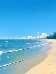 Serene Coastal Landscape with Sun, Sea, and Sandy Beach - 太陽、海、砂浜のある穏やかな海岸風景