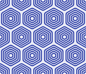Fototapeta premium Abstract background with geometric mosaic shapes. Royal Blue color on matching background. Bold rounded stacked hexagons mosaic pattern. Large hexagons. Seamless pattern. Tileable vector illustration.