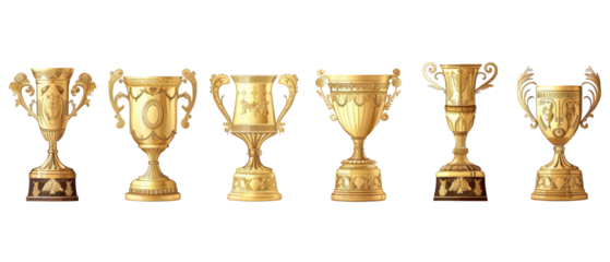 Row of five golden trophies with ornate designs.