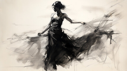 Fototapeta premium wide entertainment banner, black and white illustration charcoal pencil sketch drawing of women dancing and performing on stage with beautiful long dress, active live event scene in white background