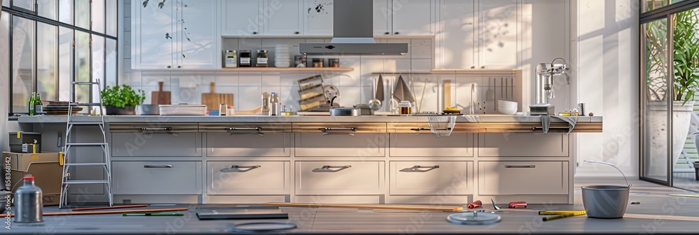 Poster A recently renovated kitchen with new cabinets and countertops being installed, showing the transformation from old to new. Tools and materials are scattered. Generative AI