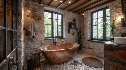 Rustic style bathroom with copper bathtub and stone walls illuminated by natural light.