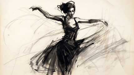 wide entertainment banner, black and white illustration charcoal pencil sketch drawing of women dancing and performing on stage with beautiful long dress, active live event scene in white background