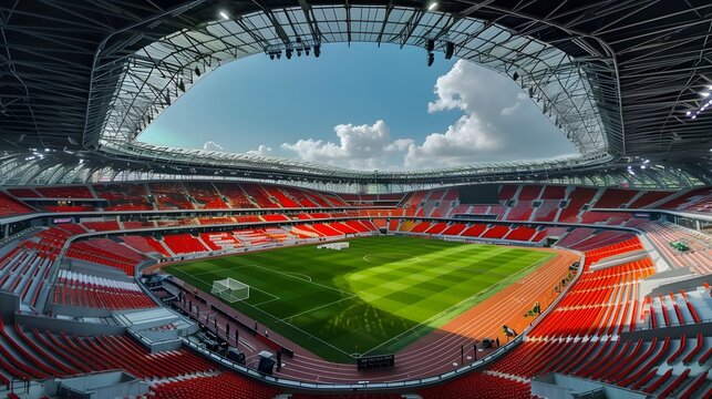 A soccer field with a bright green grass. Football stadium arena for professional match with spotlight