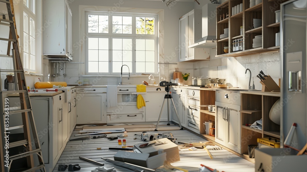 Poster in a renovated kitchen, new cabinets and countertops are being installed, surrounded by tools. the f