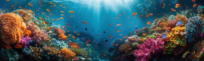 Fototapeta premium Brightly colored coral reef with sunbeams and fish in the ocean, Travel concept