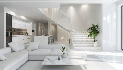Elegant white living room, minimalist kitchen, and a hall with marble stairs. High-resolution,