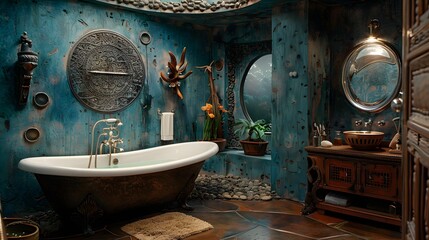 Fototapeta premium An eclectic bathroom with a vintage clawfoot tub and bohemian decor accents under warm lighting. 
