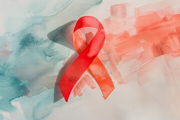 Red ribbon is lying on a watercolor background of blue and orange, symbolizing the fight against hiv and aids and the importance of awareness