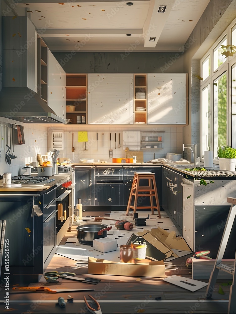 Leinwandbilder modern kitchen under renovation with new cabinets and countertops in progress. tools scattered aroun