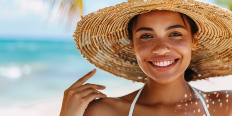 Radiant biracial woman in white swimsuit and woven hat smiling on tropical beach, turquoise sea in background, enjoying sunny vacation.