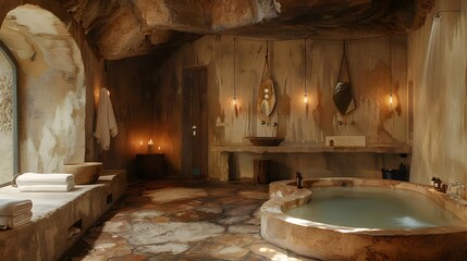 A luxurious and rustic cave bathroom with a soaking tub, elegant lighting, and natural textures invites relaxation and indulgence 