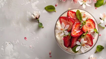 Close up of strawberry magnolia dessert on light background with copy space for text