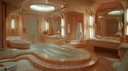 Opulent bathroom interior with luxurious fixtures and warm lighting design, creating a serene spa-like atmosphere.