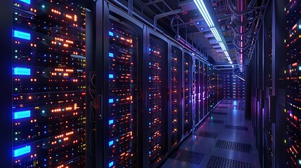 high-tech server room with rows of servers, blinking LED lights, and advanced cooling systems to maintain optimal temperature