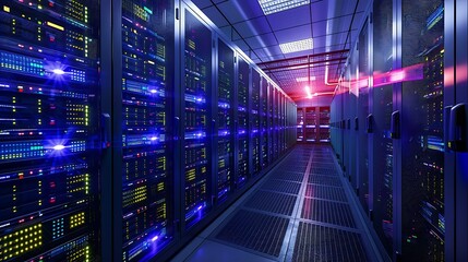 high-tech server room with rows of servers, blinking LED lights, and advanced cooling systems to maintain optimal temperature