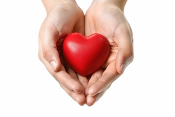 Fototapeta premium Photo of hands holding a red heart shape, symbolizing organ donation, isolated on a white background