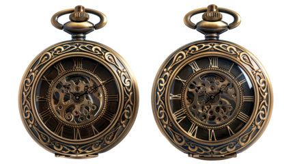Two antique pocket watches with ornate designs and exposed gears, isolated on a black background.
