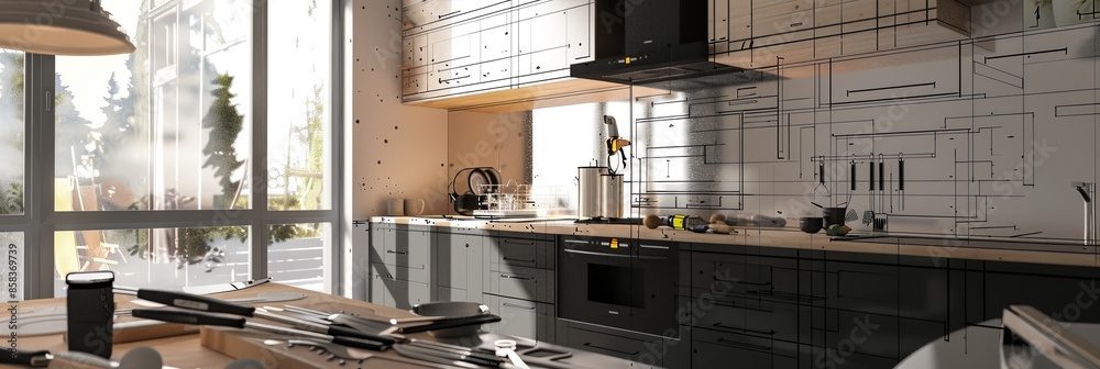 Poster a modern kitchen under renovation with new cabinets being installed and countertops in progress. gen