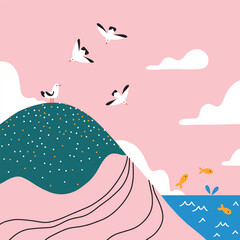Cartoon landscape with a rock and seagulls, vector illustration