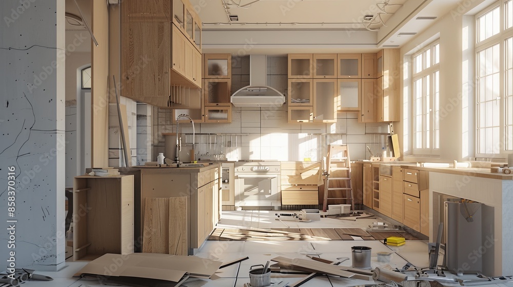Poster a modern kitchen under renovation with new cabinets being installed and countertops in progress. gen