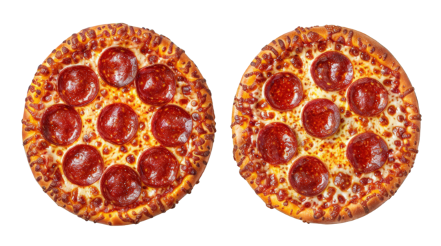 Two pepperoni pizzas, one on the left and one on the right, with a black background.