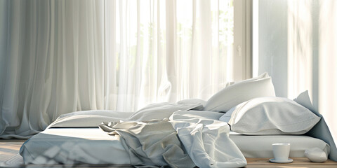 Fototapeta premium Minimalist bedroom with neatly made bed, focus on white linens and soft natural light