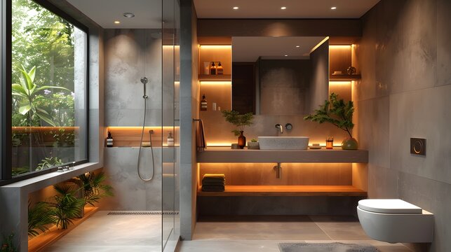 Modern bathroom interior design with warm lighting and a view of greenery through the window 