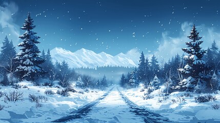 Snowcovered roads with trees at the edges, open middle area, peaceful winter journey, atmospheric handdrawn scene, perfect for serene winter travels