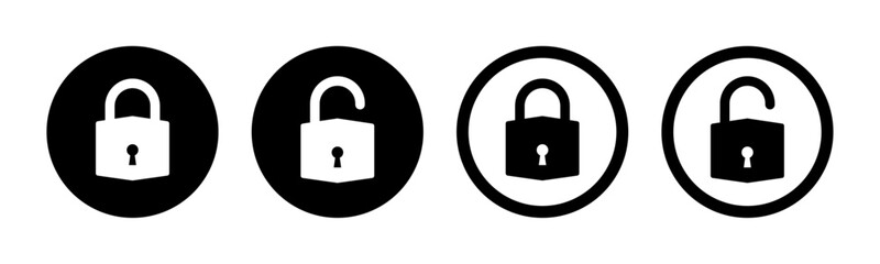 Lock and unlock icon set in circle and stroke style in black and white color in modern style. Lock icon collection. Locked and unlocked black stroke icon. Flat security symbol. Vector Icon.