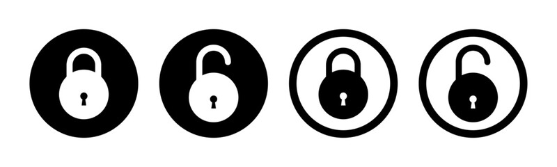 Lock and unlock icon set in circle and stroke style in black and white color. Lock icon collection. Locked and unlocked black stroke icon. Flat security symbol. Vector Icon.