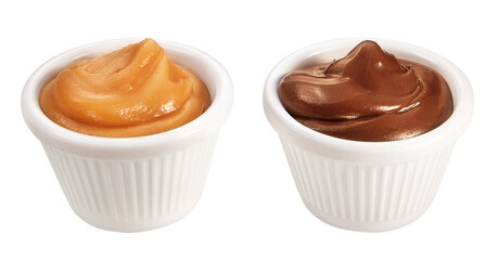 pote com doce de leite e pote com creme de chocolate com avelã isolado em fundo transparente