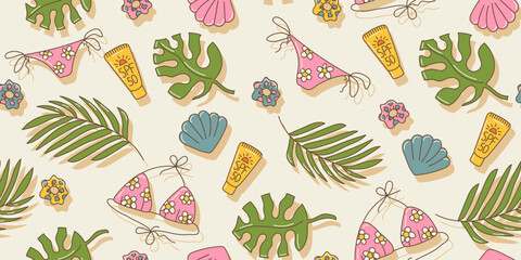Summer seamless pattern with tropical leaves, sunscreen, bikini, shell in cute cartoon style, looped elements