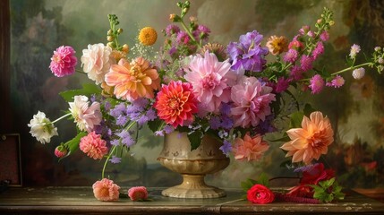 Obraz premium Still Life of a Vibrant Flower Arrangement in a Vintage Vase