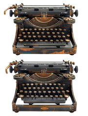 Two vintage typewriters, one above the other, with a black and copper finish.