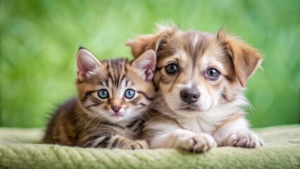 Adorable green-eyed puppy snuggling with a cute kitten, cute, green-eyed, puppy, kitten, adorable, snuggling, friendship, pet
