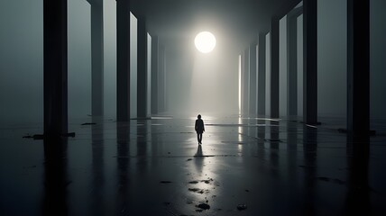 a person in a dark room with a full moon in the background