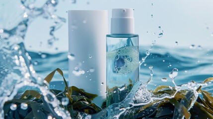 Two cosmetic bottles are surrounded by seaweed and water splashing. The image captures the essence of a natural, ocean-inspired product.
