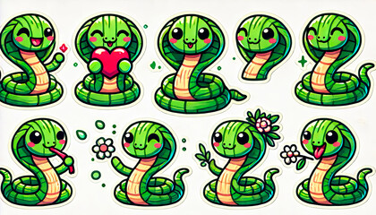Obraz premium Cute cartoon snake stickers with various expressions and poses, perfect for children’s products, educational materials, merchandise, stationery, and playful designs.