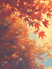 Golden Autumn Leaves in Sunlight - Vibrant Fall Foliage Background - 日光の下で黄金色の紅葉 - 鮮やかな紅葉の背景