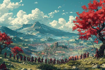 Soldiers Marching Towards a Snowy Mountain and Cityscape