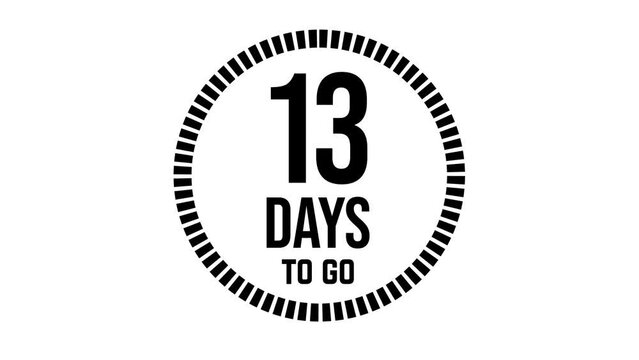 13 days to go, 13 days count 2D animation, motion graphics running numbers counting days, 13 days in a month, thirteen days left, 4K HD video with black text Transparent video alpha channel.