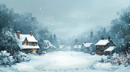 Naklejka premium Snowcovered rooftops with chimneys at the edges, blank middle space, cozy winter homes, cottage handdrawn art, ideal for charming holiday scenes